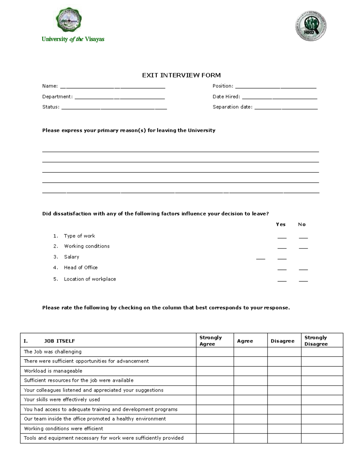 UV EXIT Interview Form: Employee Feedback & Suggestions - Studocu