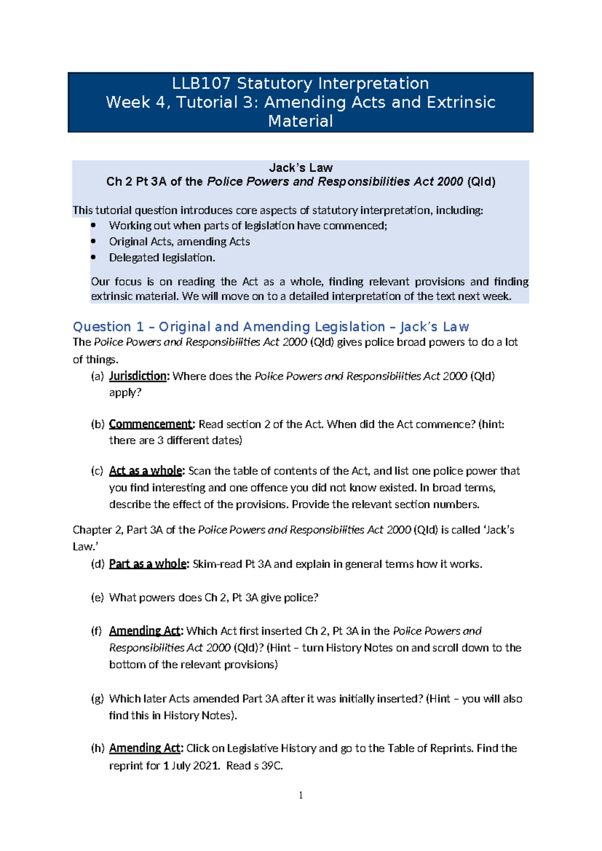LLB107 Week 4 Tutorial 3: Statutory Interpretation & Police Powers ...