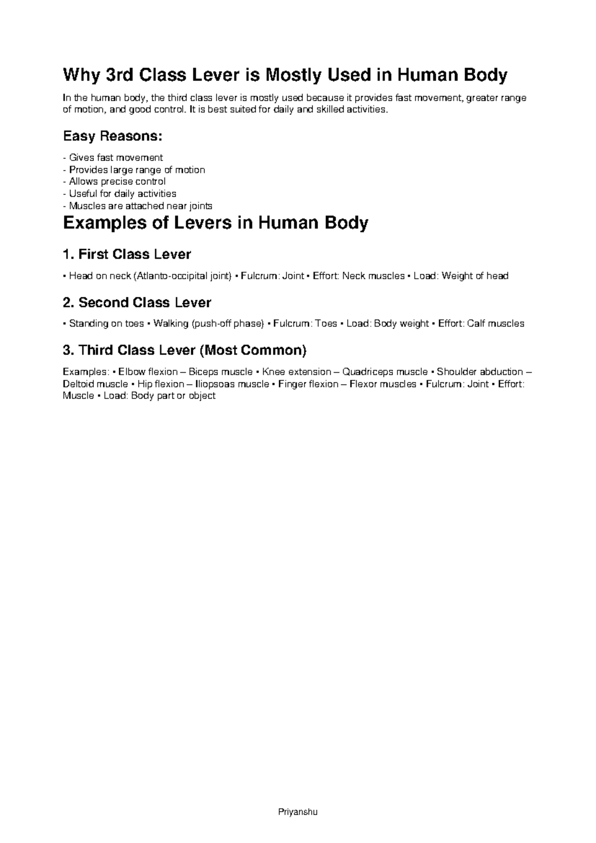 Levers (BIO101): Easy Short Notes & Examples of Human Body Levers - Studocu
