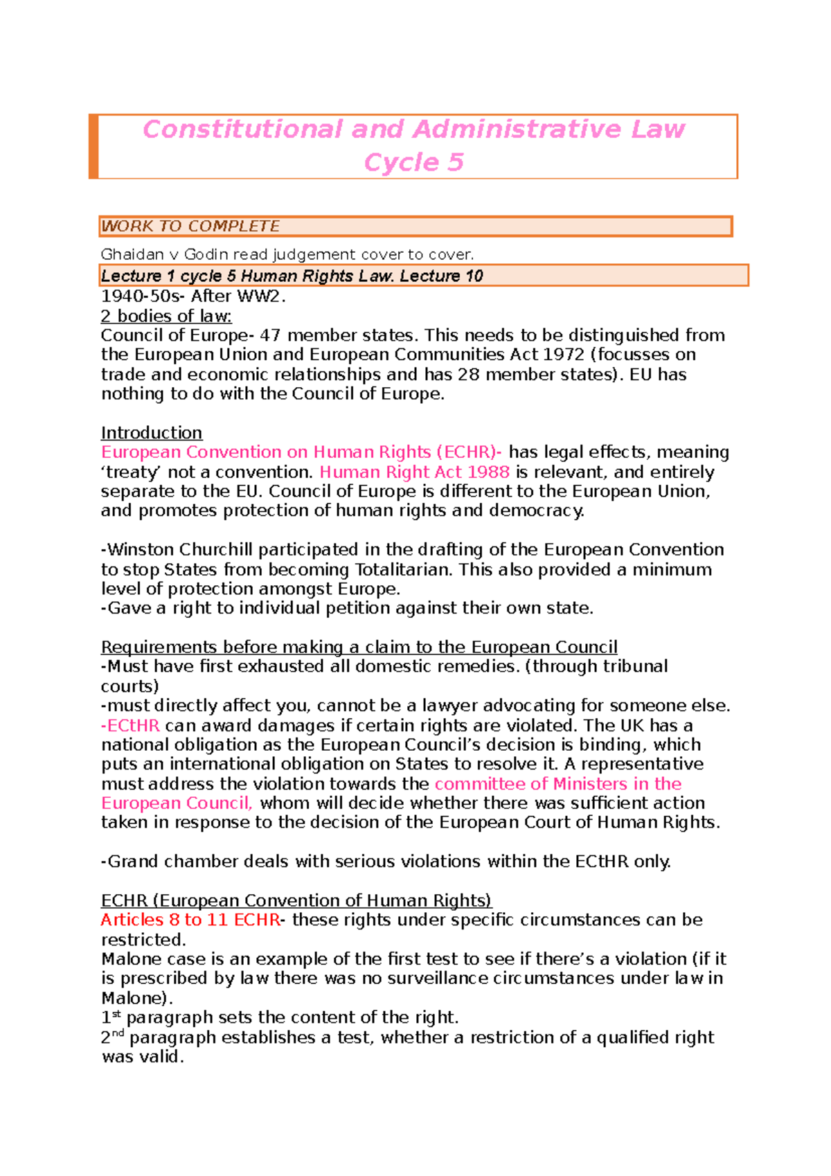Constitutional Law 101- Human Rights Lecture Notes Cycle 5 - Studocu