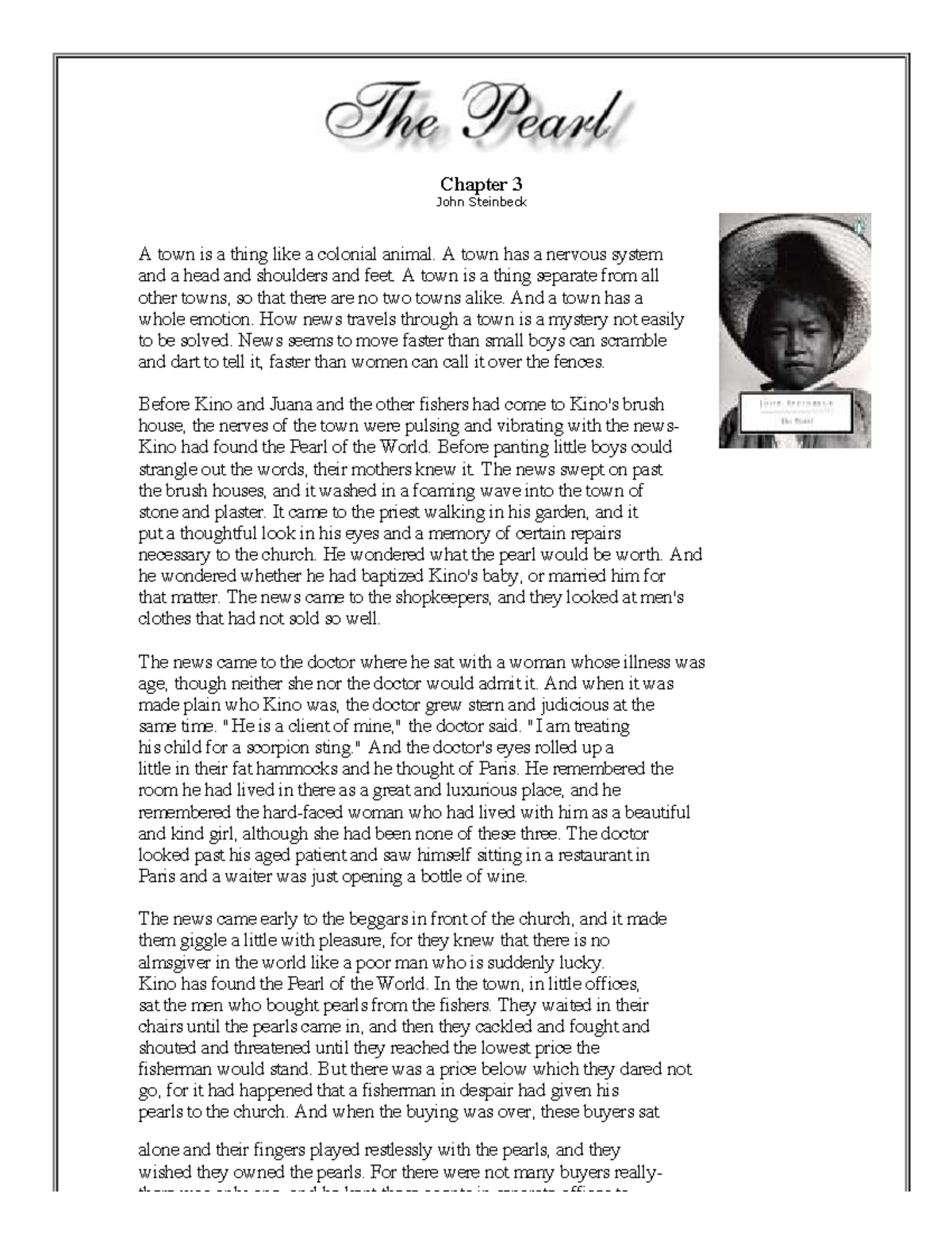 John Steinbeck's The Pearl: Chapter 3 Analysis and Summary - Studocu