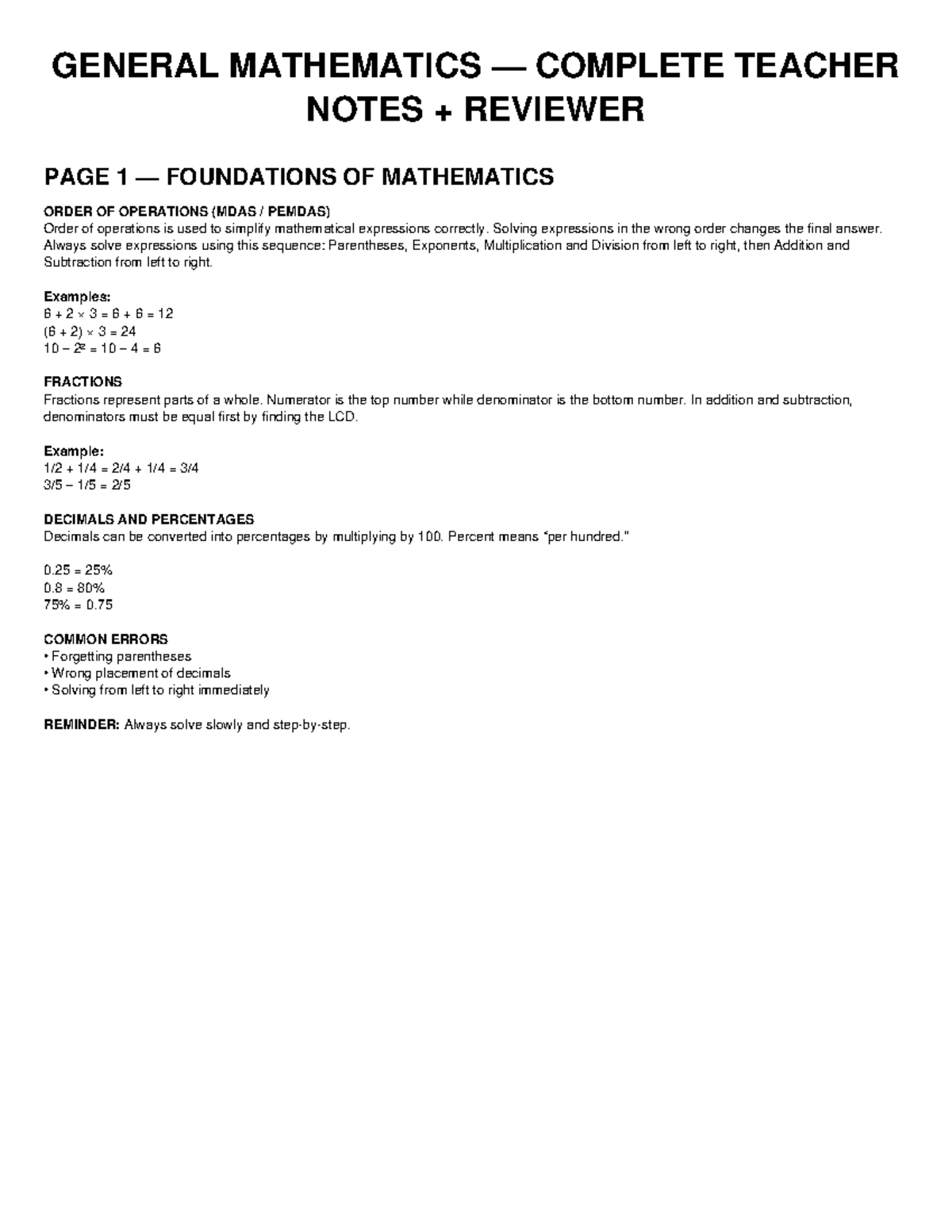 Complete General MATH Lecture Notes: Foundations & Operations - Studocu