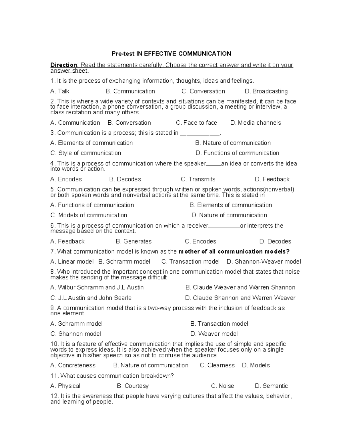 Pre-Test: Effective Communication Skills (Course Code: EC101) - Studocu