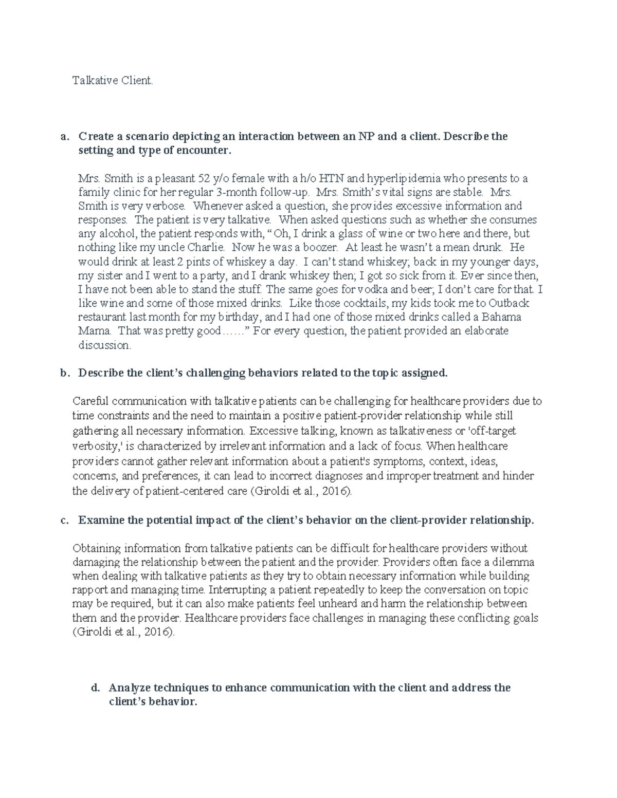 NP Health Assessment: Week 4 Focus on Talkative Clients - Studocu