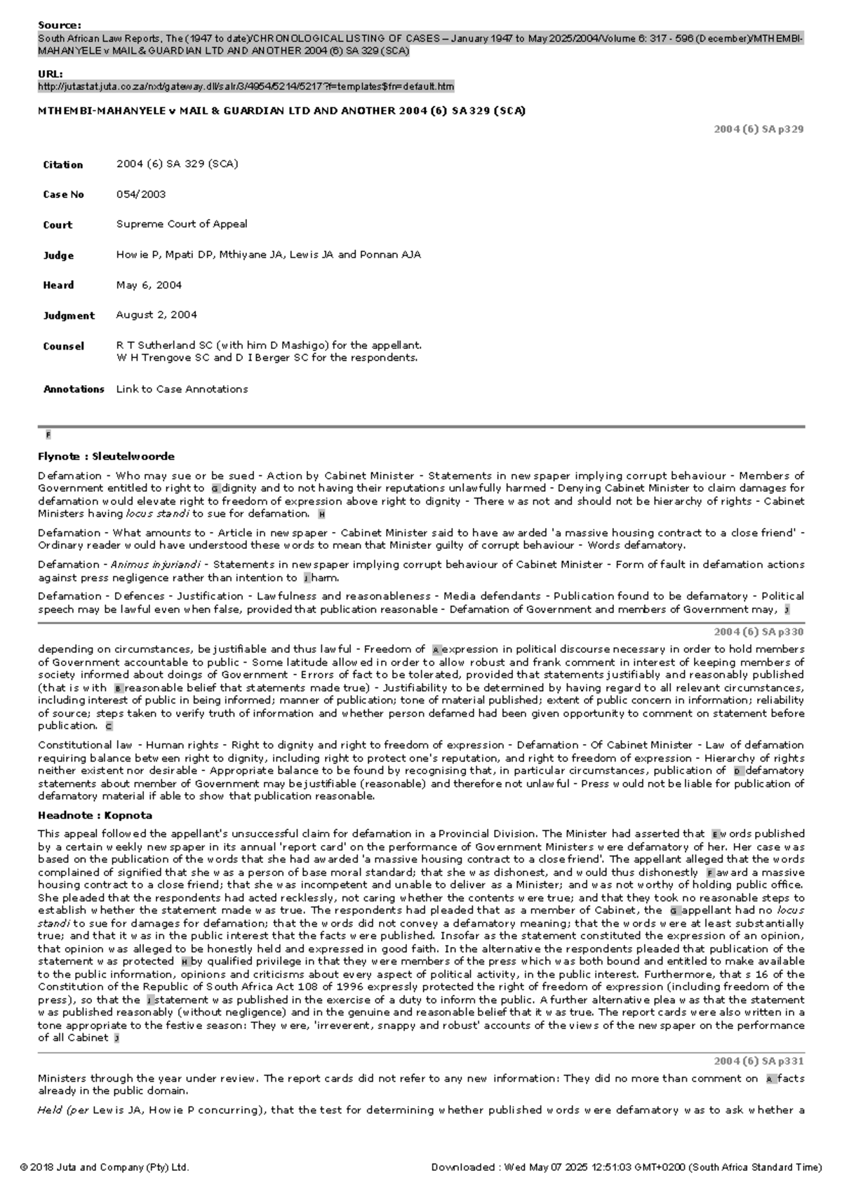 Mthembi- Mahanyele v MAIL & Guardian LTD AND Another 2004 (6) SA 329 ...