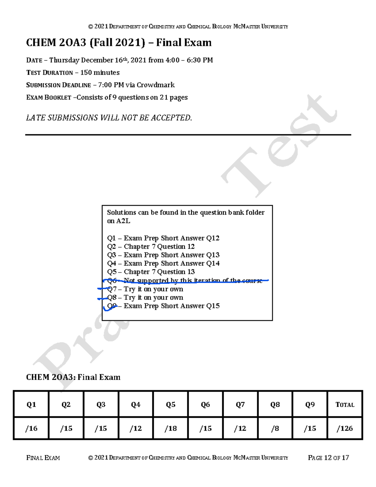 CHEM 2OA3 F2021: Final Exam Practice Test - Studocu