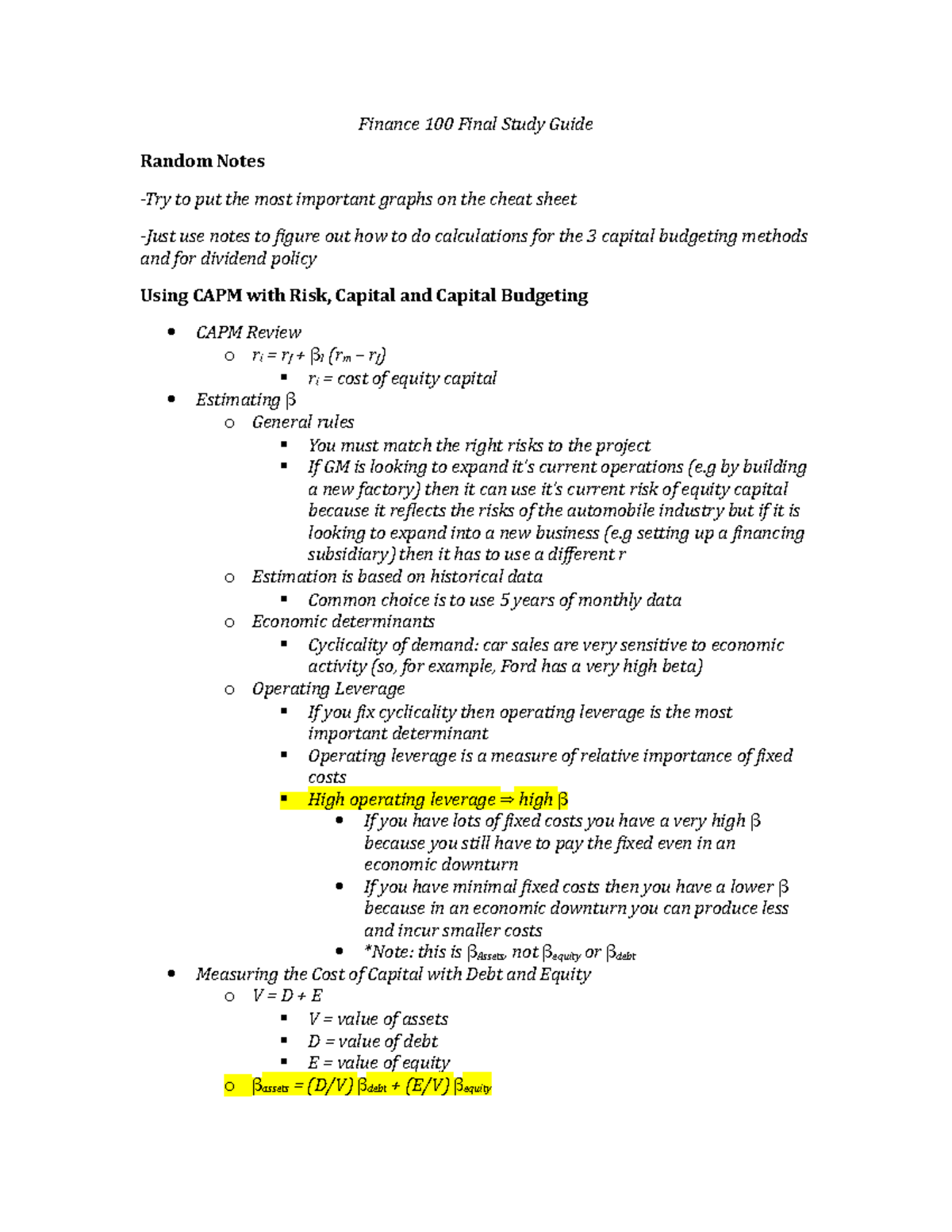 Finance 100 Final Exam Study Notes and Key Concepts - Studocu