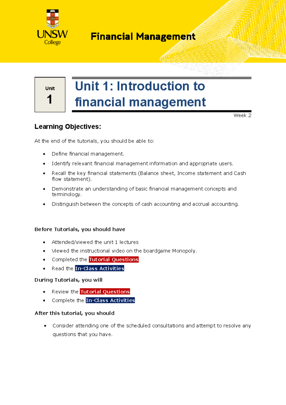 DPBS1140 BMGT1340 Financial Management Unit 1 Tutorial Guide - Studocu