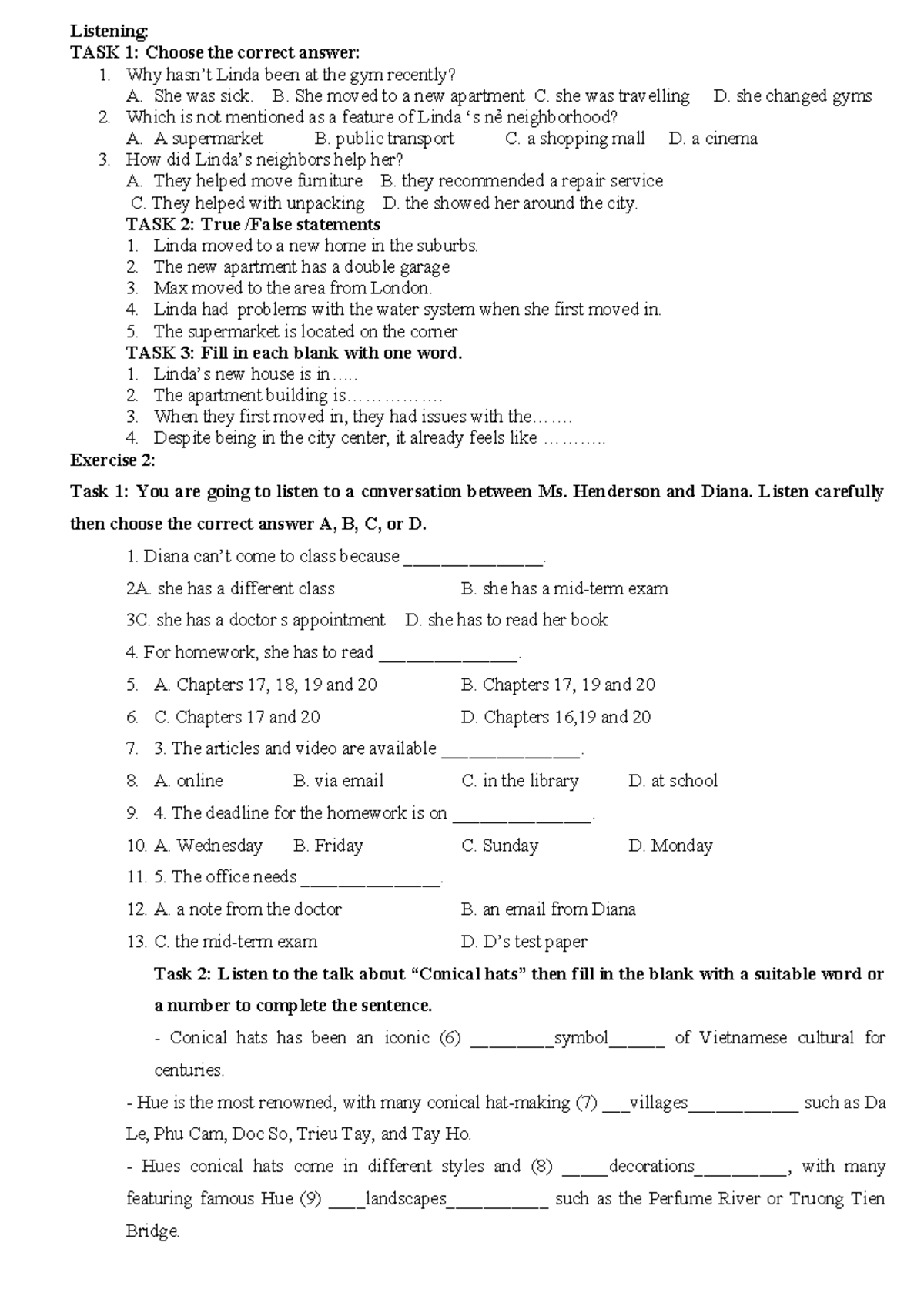 Listening: UNIT 1 - English Listening Exercises for Grade 9 - Studocu