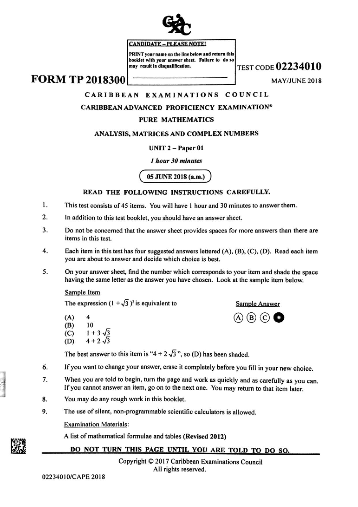 CAPE Pure Mathematics Unit 2 Paper 01 Exam 2018 Instructions - Studocu