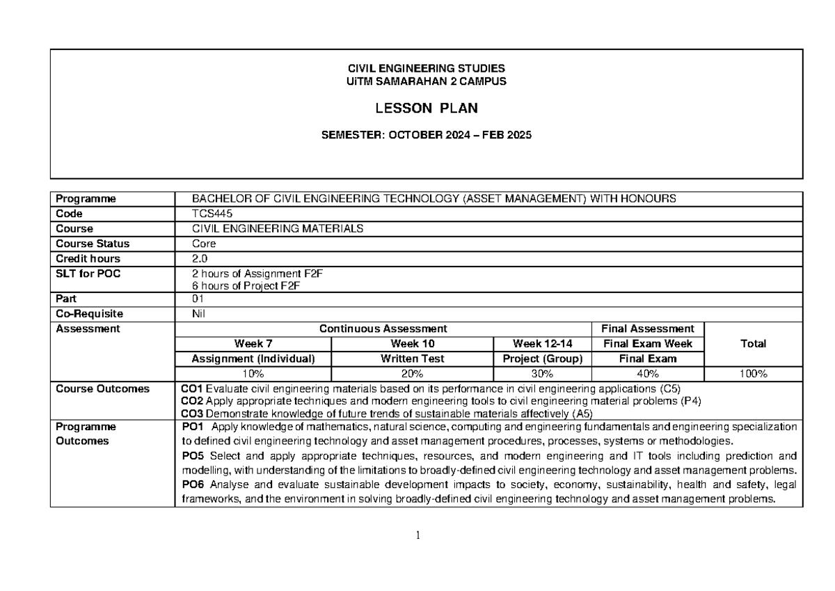 Lesson PLAN TCS445 (OCT 2024) - 1 CIVIL ENGINEERING STUDIES UiTM ...