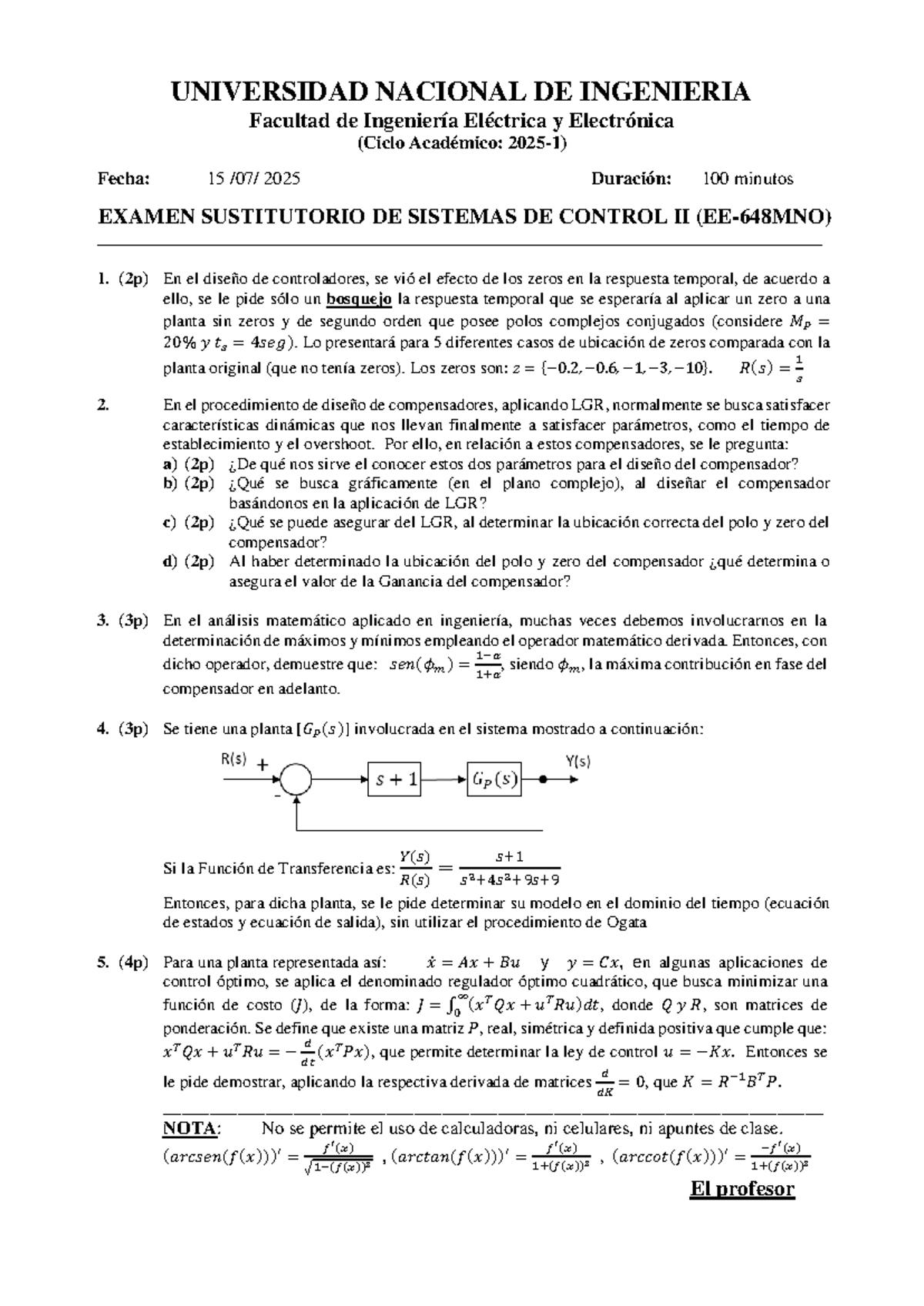 Examen Sustitutorio de Sistemas de Control II - EE648 MNO 2025-1 - Studocu