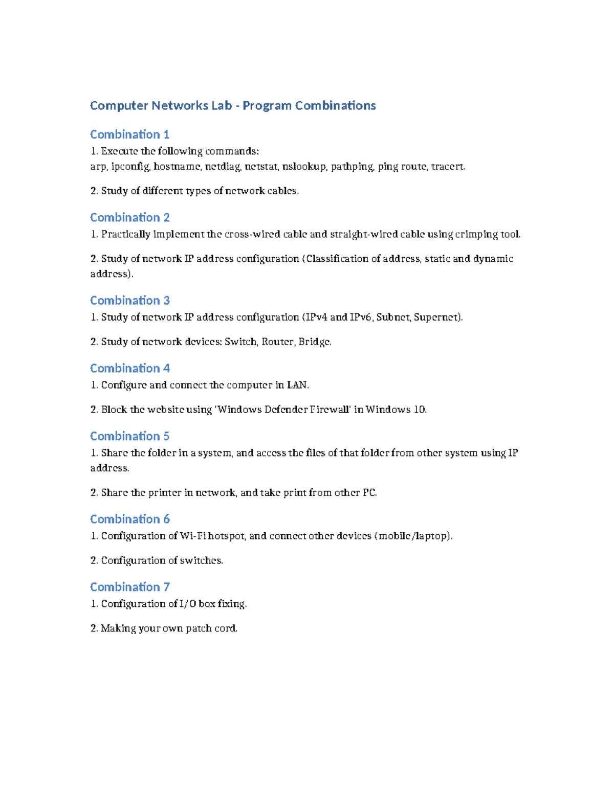 Computer Networks Lab Programs (CNL 101) - Practical Combinations - Studocu