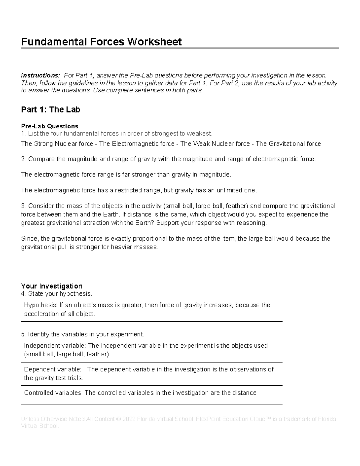 1.06 - Forces 1 - Fundamental Forces Worksheet Instructions: For Part 1 ...