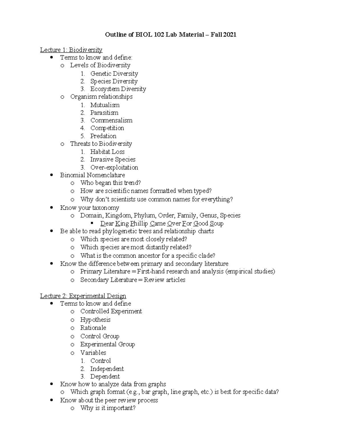 BIOL 102 L Study Guide: Key Concepts from Fall 2021 Lectures - Studocu