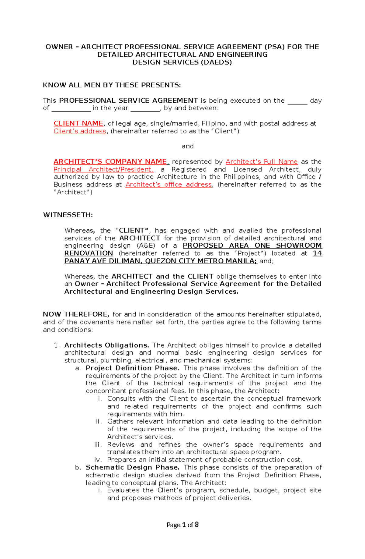 Owner-Architect PSA for DAEDS: Showroom Renovation Agreement CPP ...