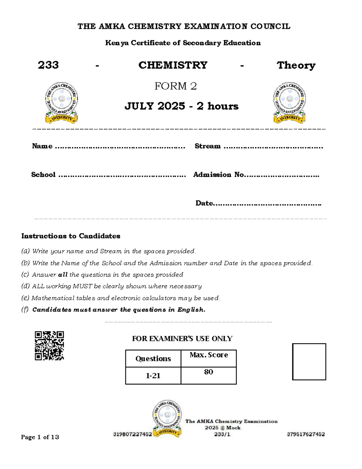 JULY 2025 FORM 2 Chemistry Examination - KCSE 233 - Studocu