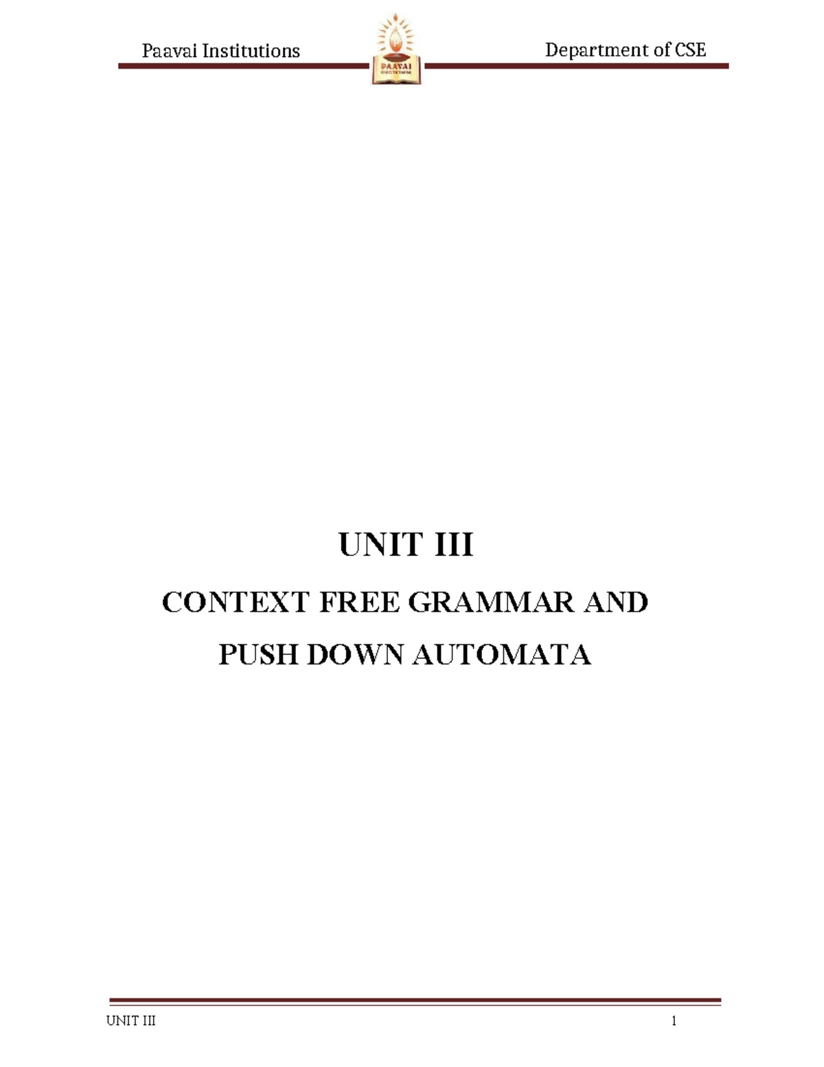 CS3452 - Unit 3: Context-Free Grammar & Pushdown Automata Notes - Studocu