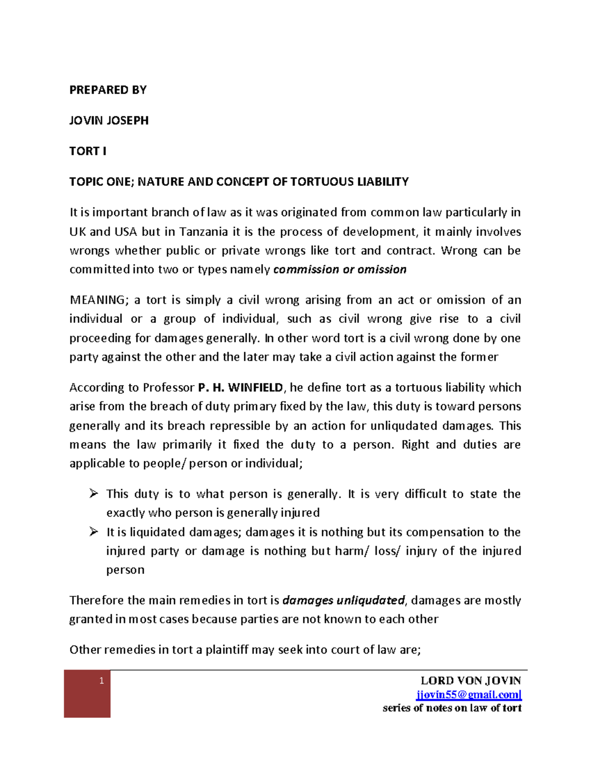 TORTS 101: Nature & Concept of Tortious Liability - Notes by Jovin ...