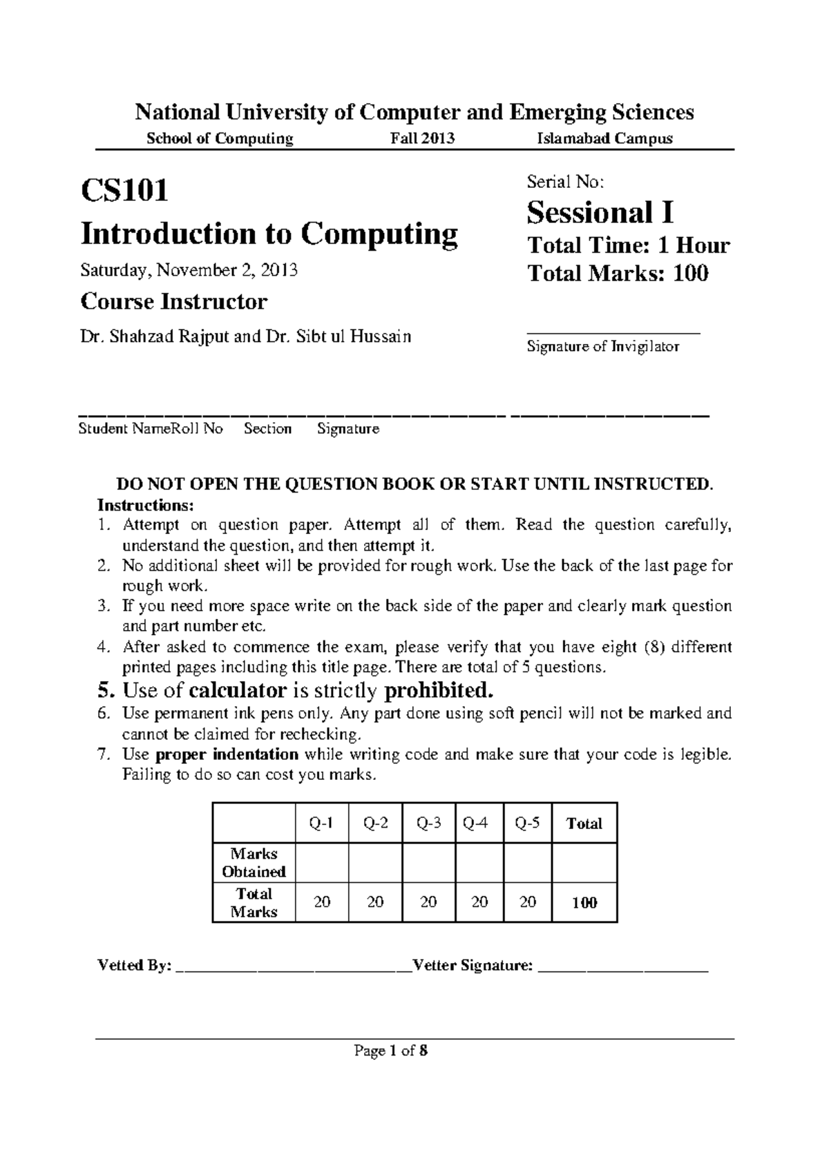 CS PF Mid-2 Fall 2013 - Introduction to Computing Exam Paper - Studocu