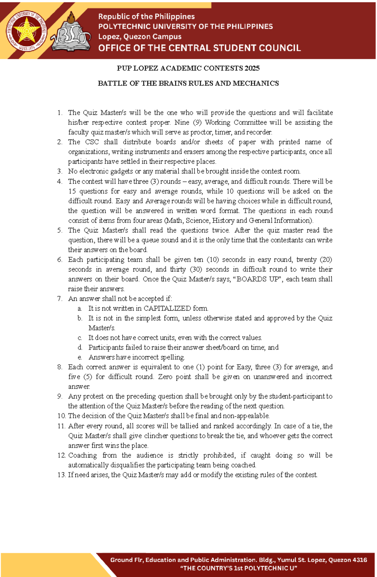 PUP 2025 Battle of the Brains Contest Guidelines and Rules - Studocu