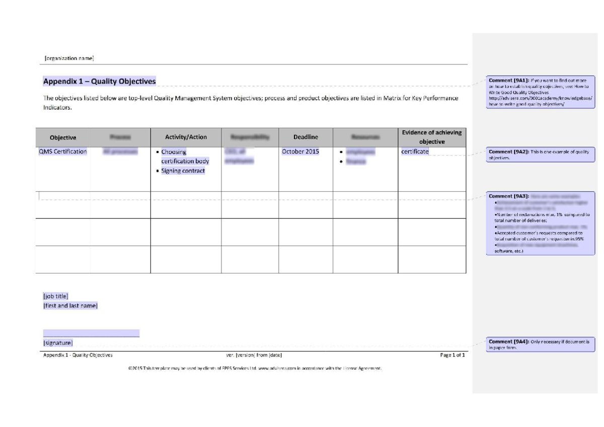 Appendix 1: Quality Objectives for QMS - Key Performance Indicators ...