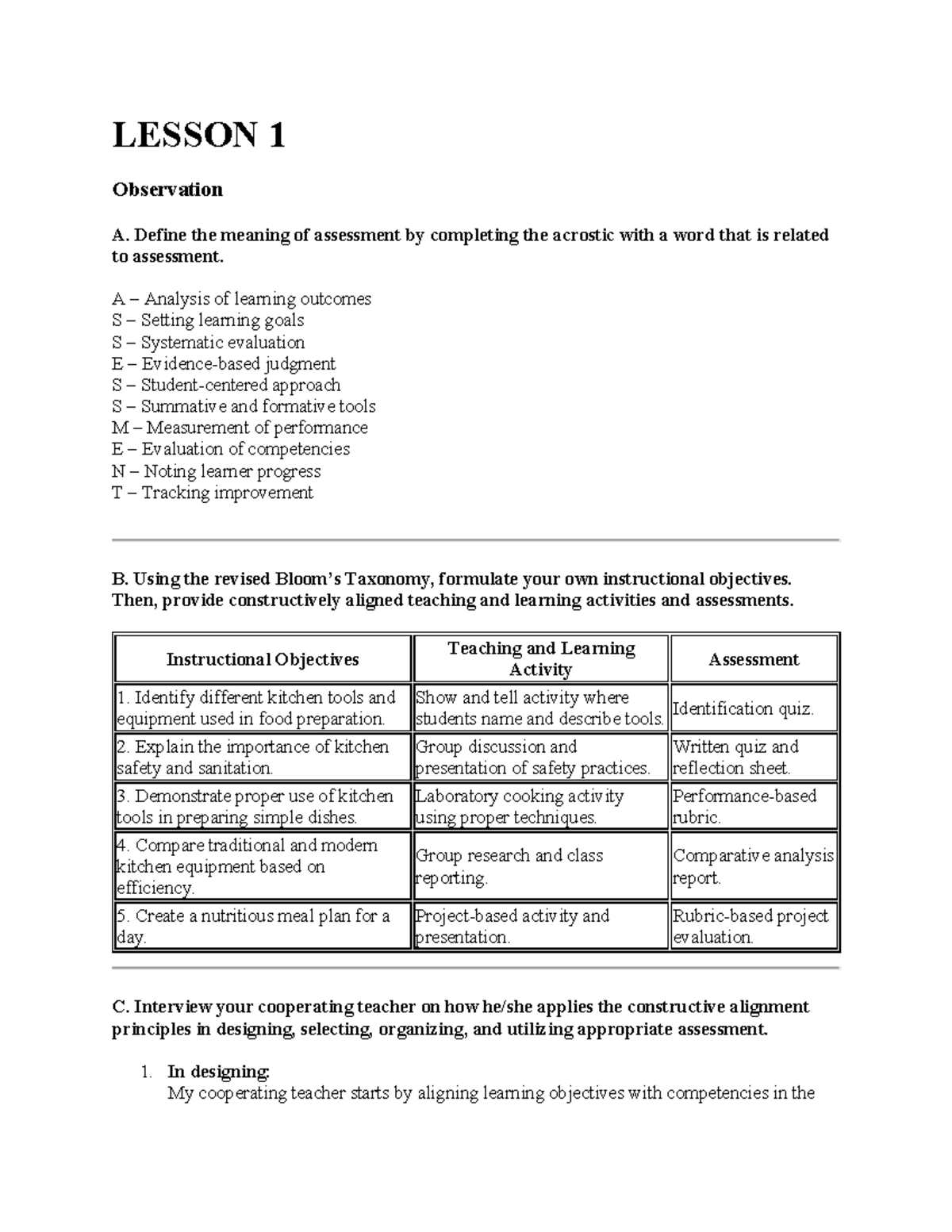 CHAP 5 FS1 Lesson Observations and Assessment Strategies in TLE - Studocu