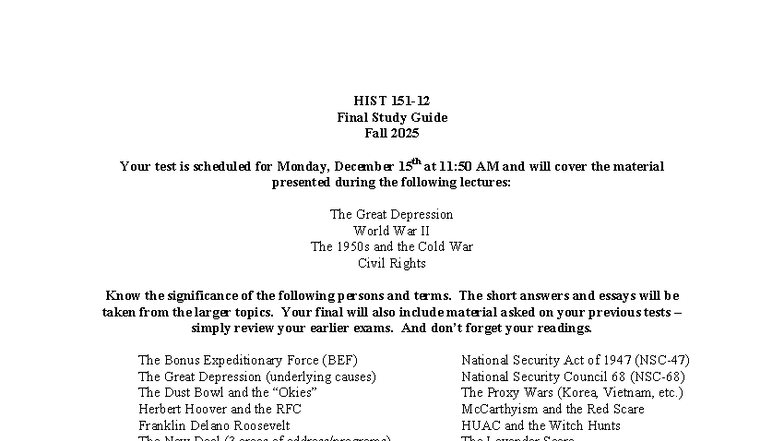 HIST 151-12 Final Exam Study Guide for Fall 2025 - Studocu
