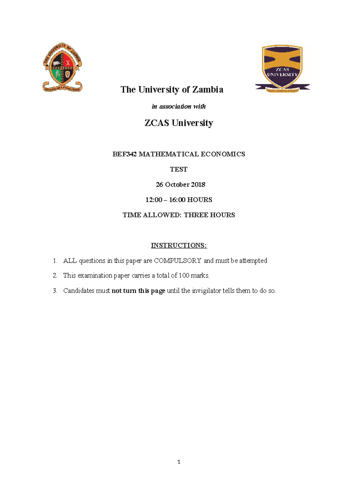 2020 BEF342 MATHEMATICAL ECONOMICS TEST - Past Paper - Studocu