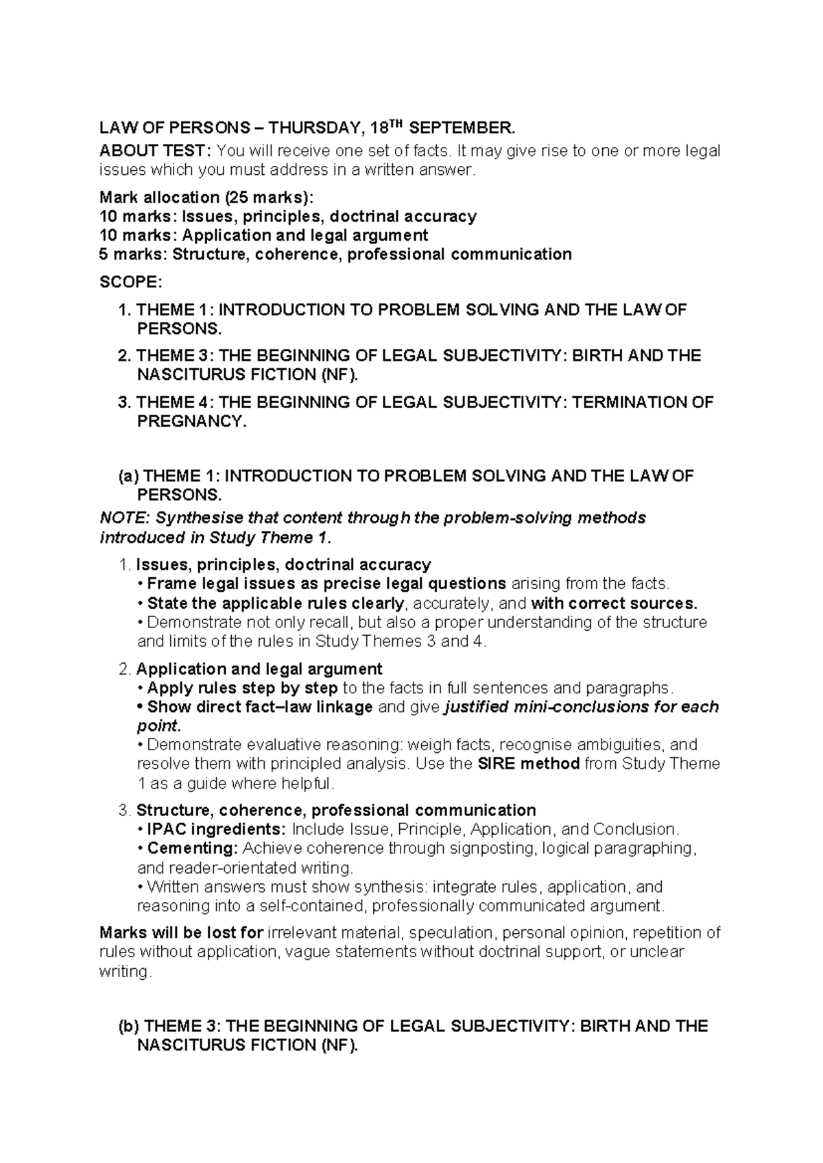 LAW OF PERSONS TEST BREAKDOWN: LEGAL SUBJECTIVITY & Nasciturus - Studocu