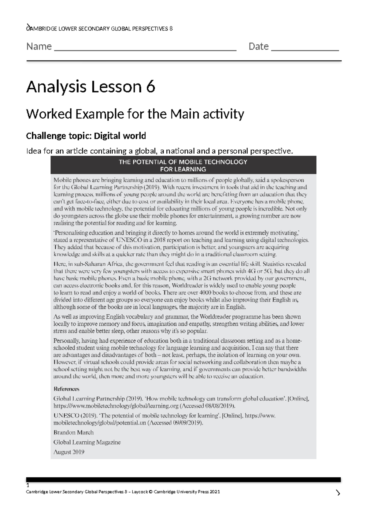 Analysis Lesson 6 Worked Example for the Main activity - Global ...