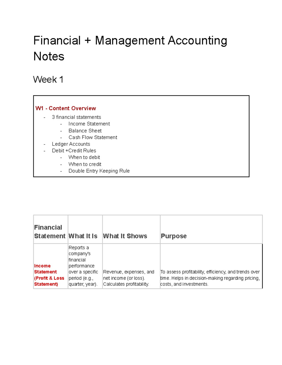 Financial Management Accounting Notes W1: Overview of Key Concepts ...