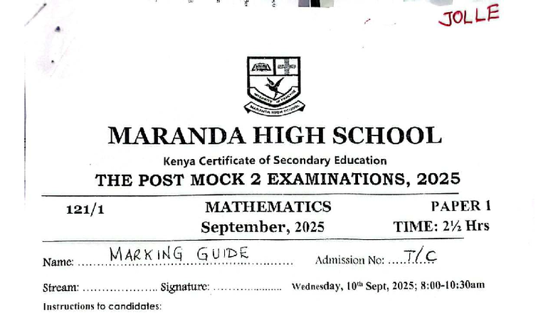 Maranda High School CS Mathematics Paper 1 Post Mock 2 Exam 2025 - Studocu
