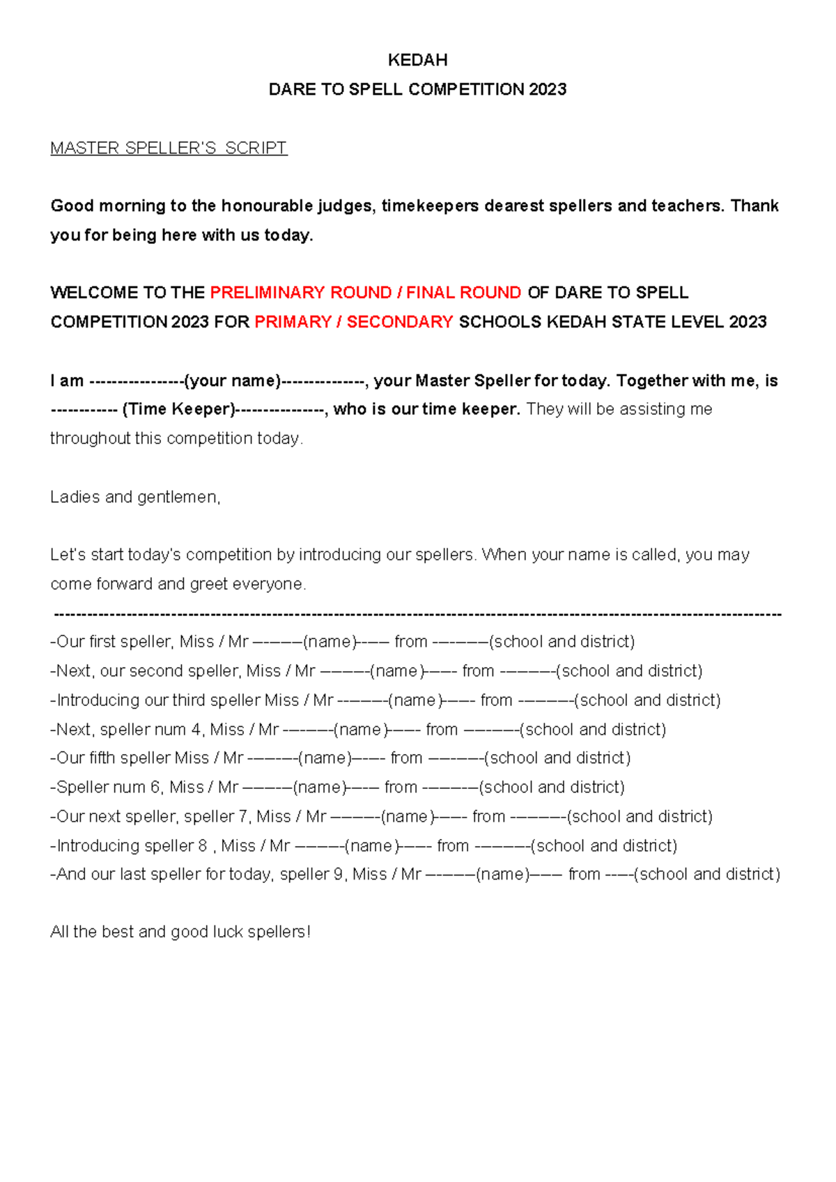 KEDAH Dare to Spell Competition 2023 - Master Speller Script - Studocu