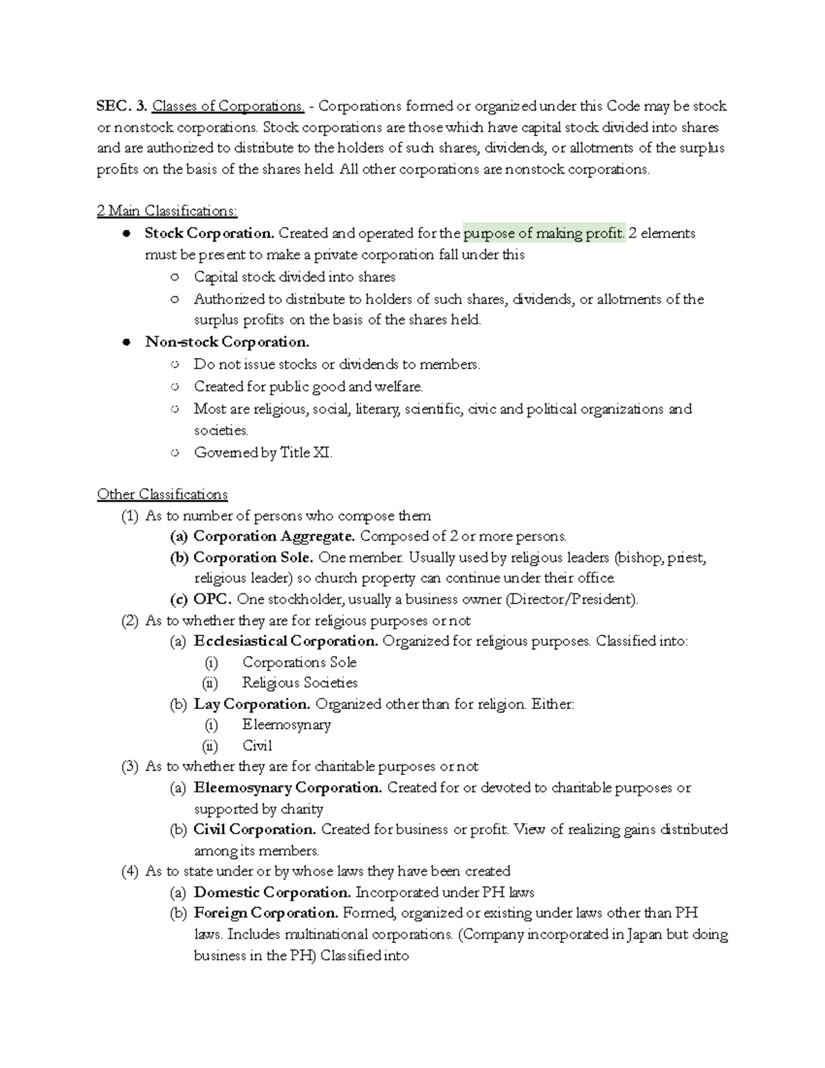 Business Law and Regulations: SEC. 3 - Classes of Corporations Notes ...