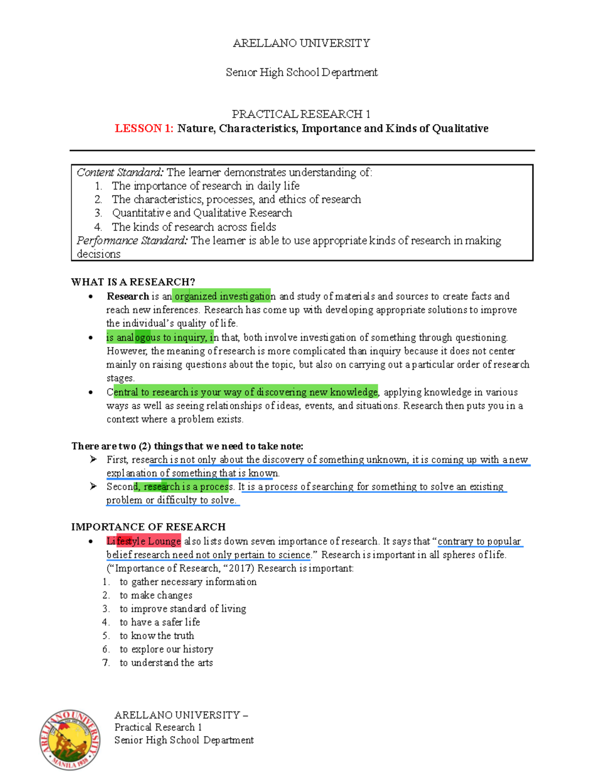 PR1 - Lesson 1 & 2 Highlights on Research Concepts and Formats - Studocu