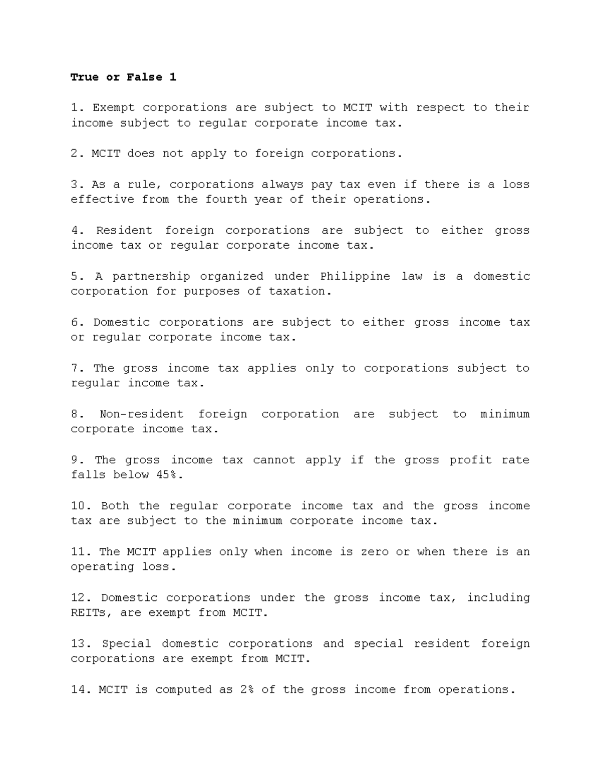 Income Taxation Chap 15 B - True or False 1 Exempt corporations are ...