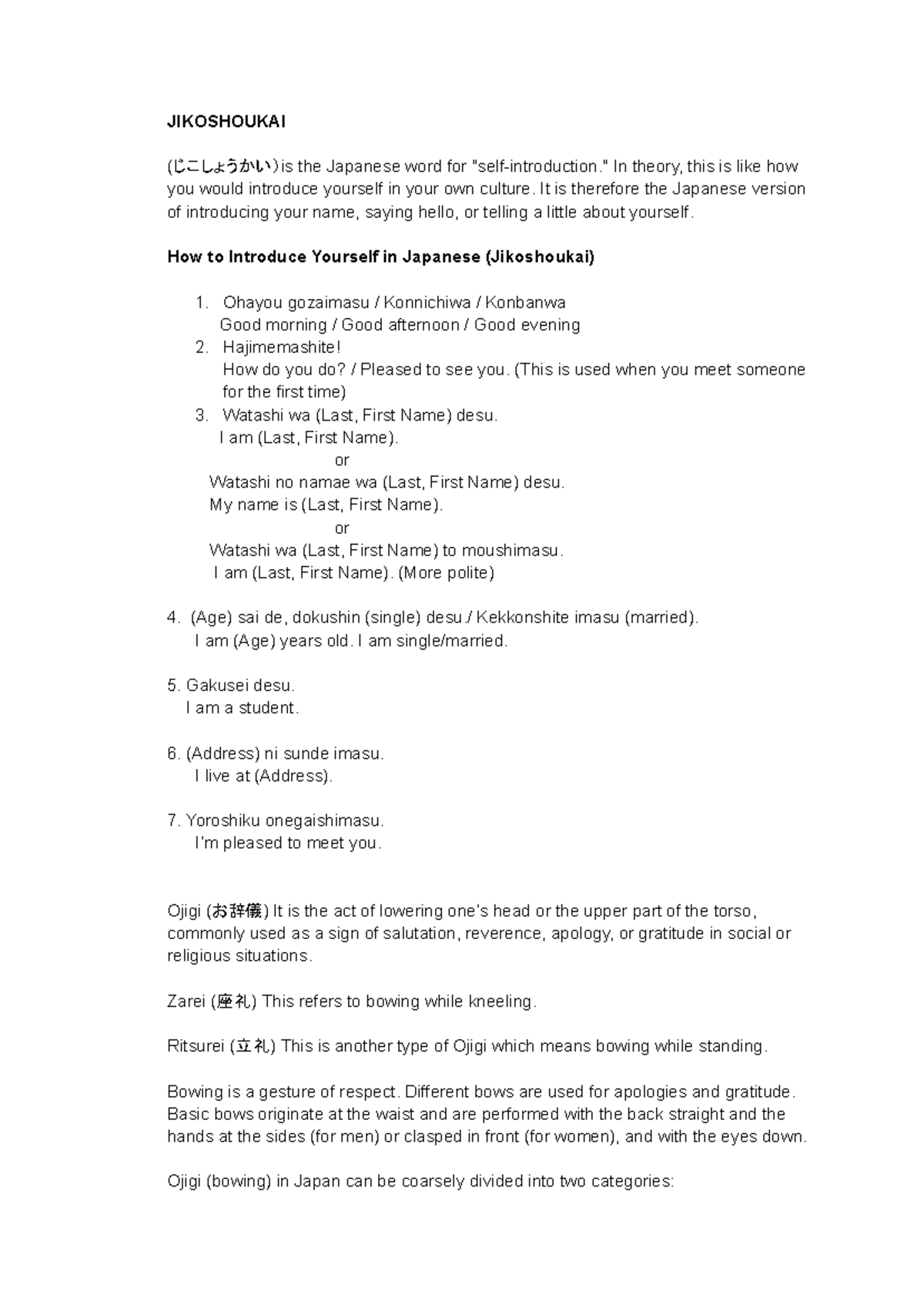 JPN 101: Jikoshoukai (Self-Introduction) Guide and Tips - Studocu