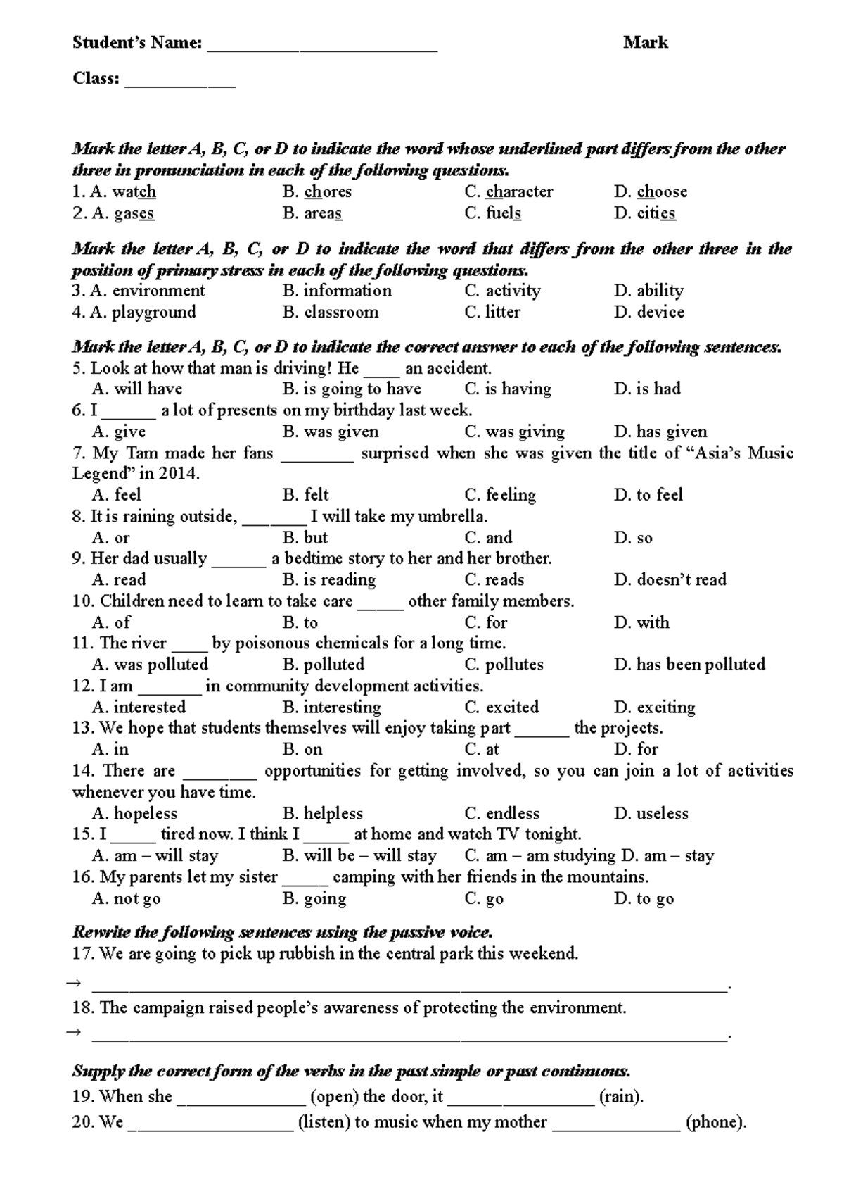 15mins - Anh10a1 - Pronunciation & Stress Practice Questions - Studocu