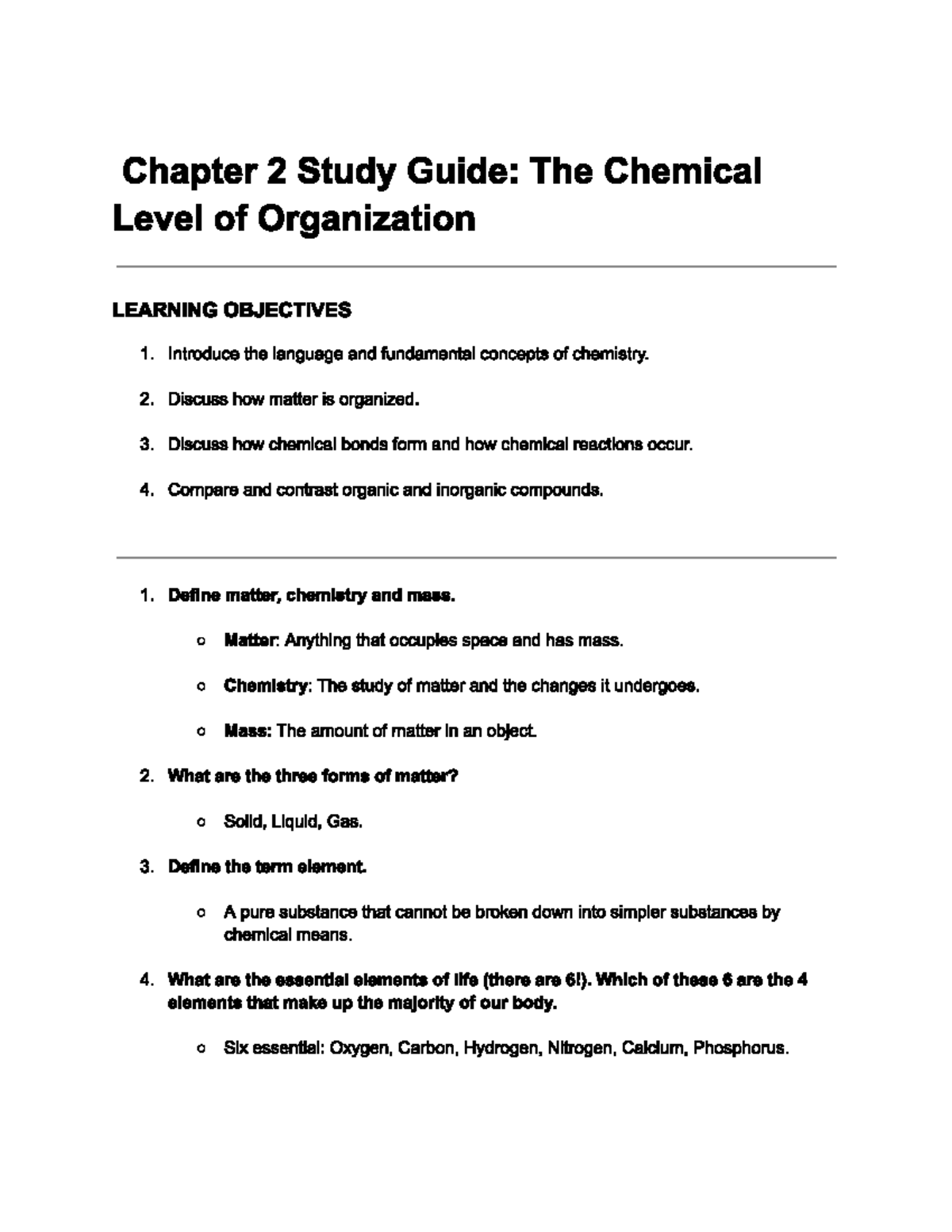 Chapter 2 Study Guide: The Chemical Level of Organization (BIO101 ...