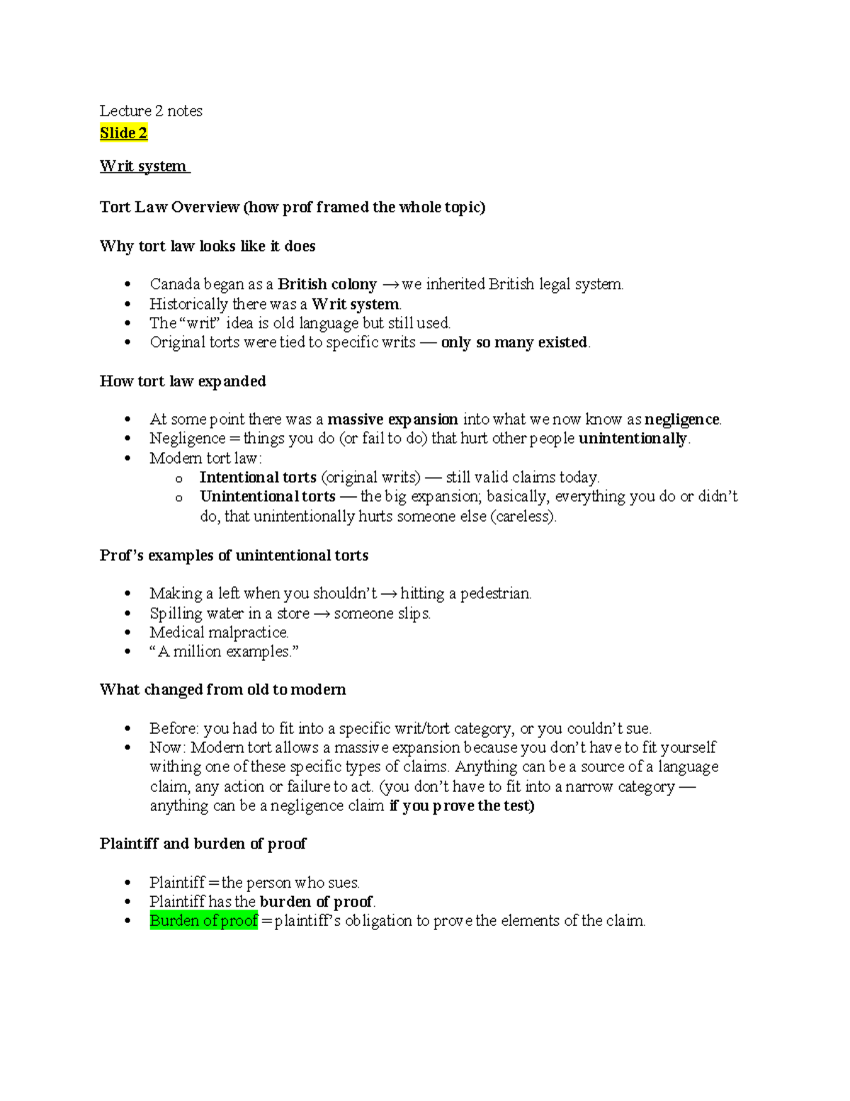 Lecture 2 Notes: Overview of Tort Law and Key Concepts - Studocu