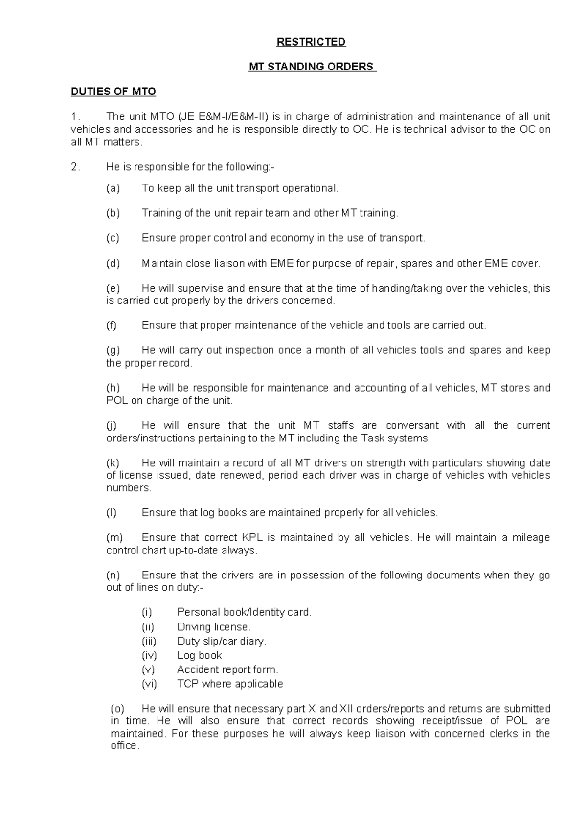 MT Standing Orders - Duties and Procedures for MTO and Drivers - Studocu