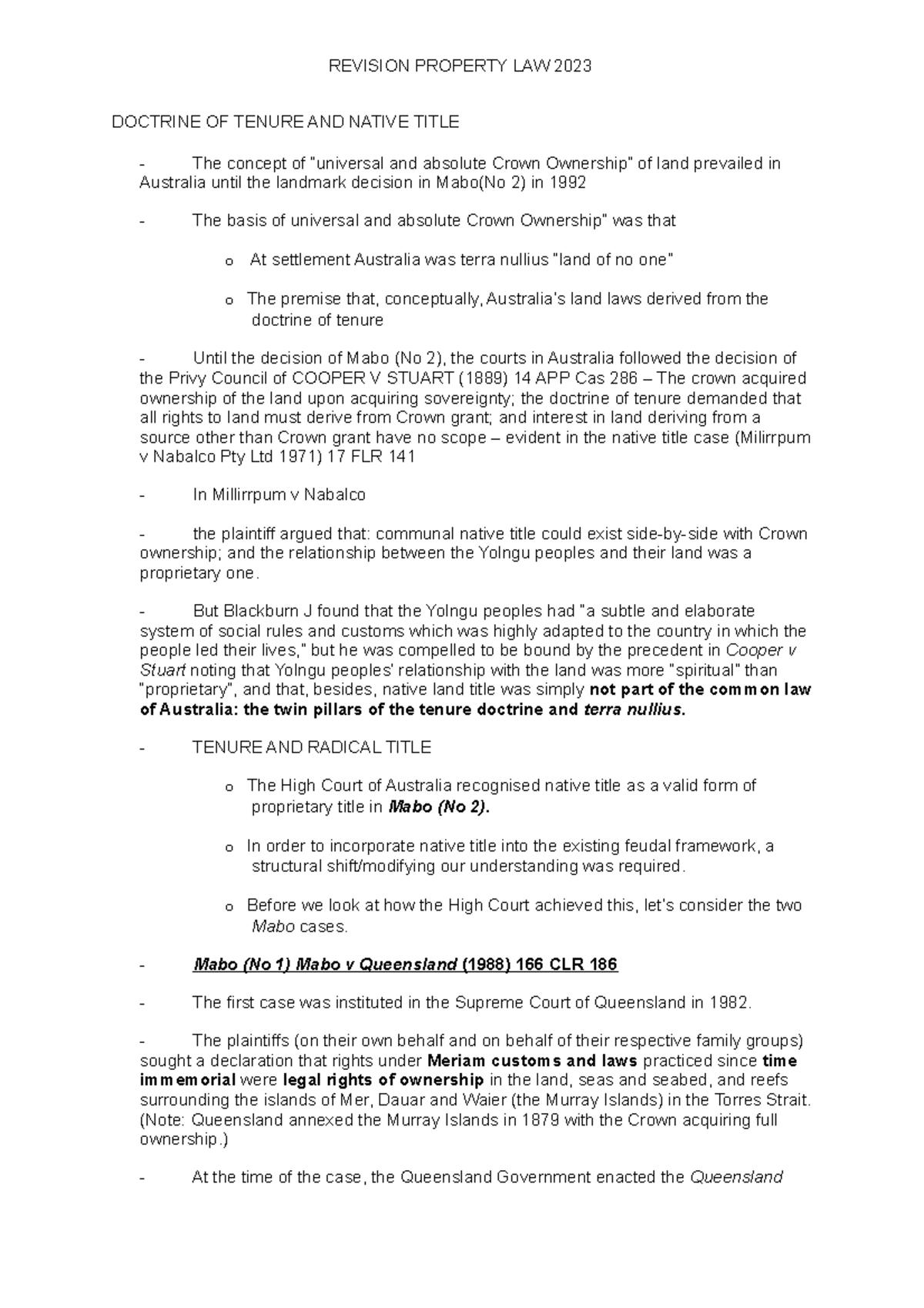 2023 EXAM Revision: Property Law Doctrine of Tenure & Native Title ...