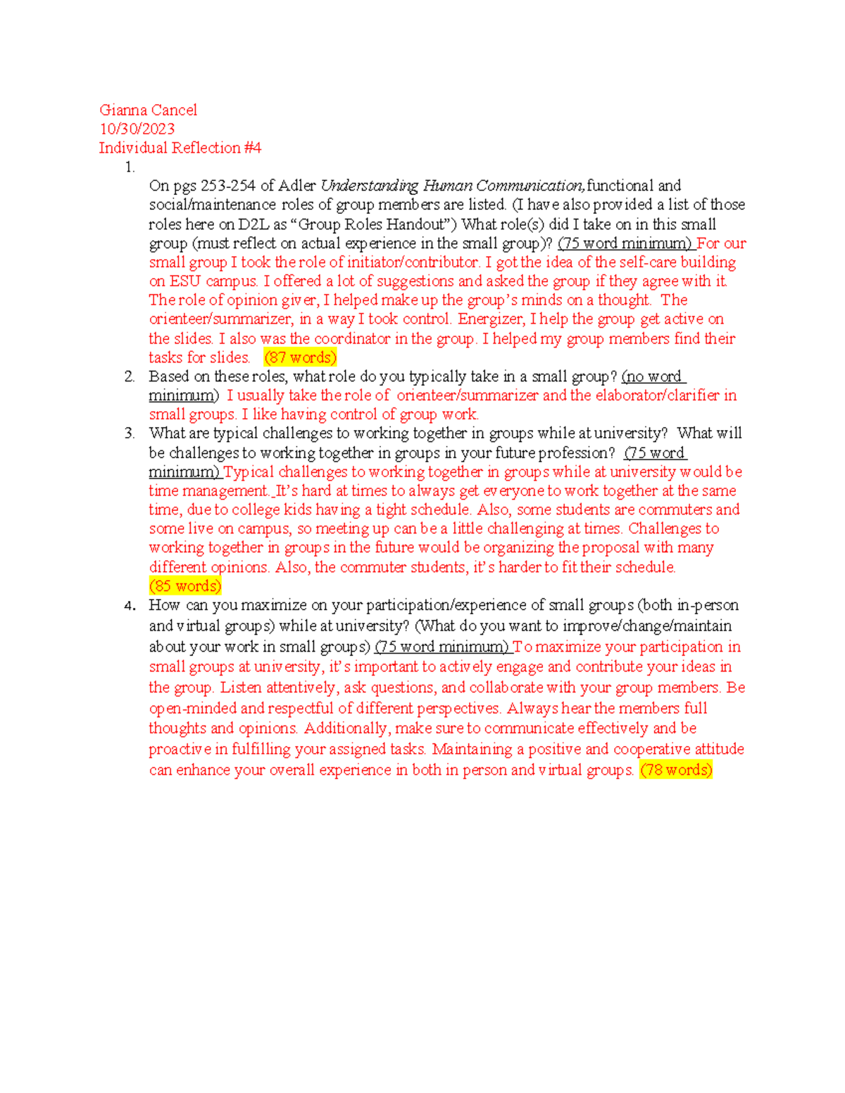 Individual reflection 4: Roles and challenges in group work - Studocu