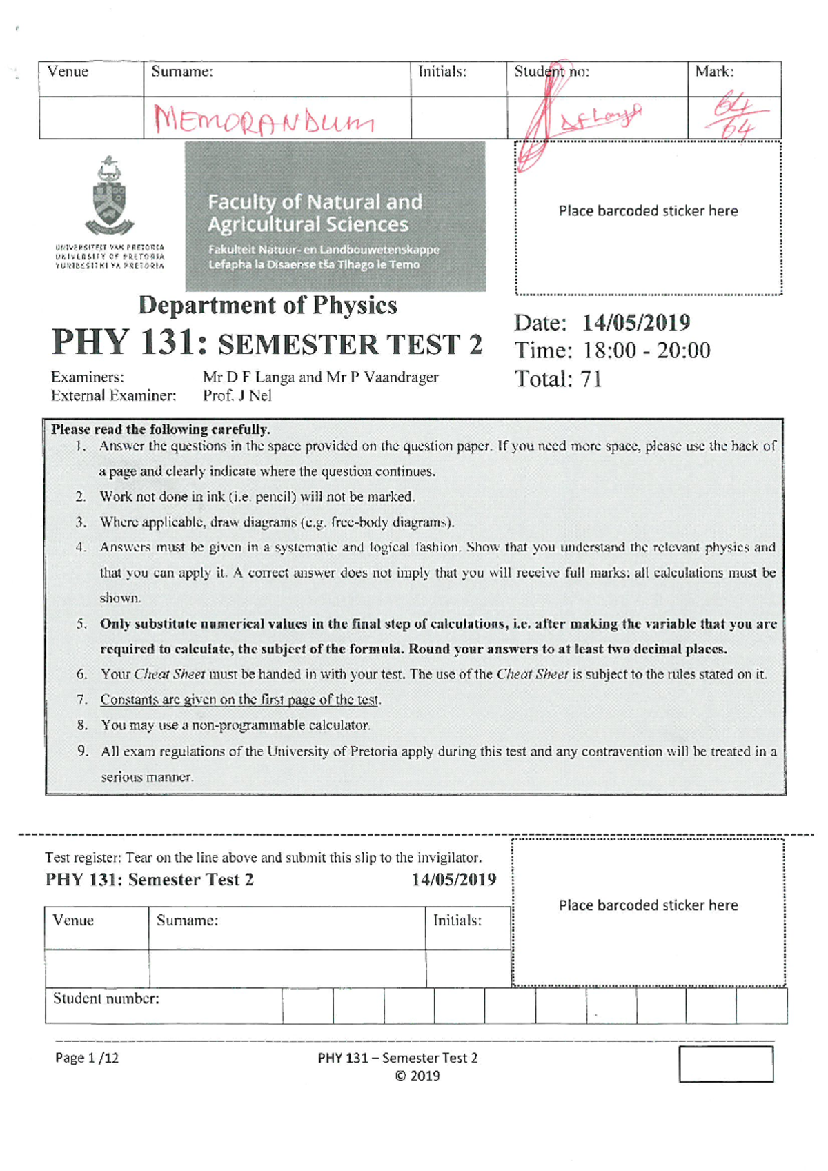 PHY 131 Semester Test 2-2019-MEMO - PHY 131 - Studocu