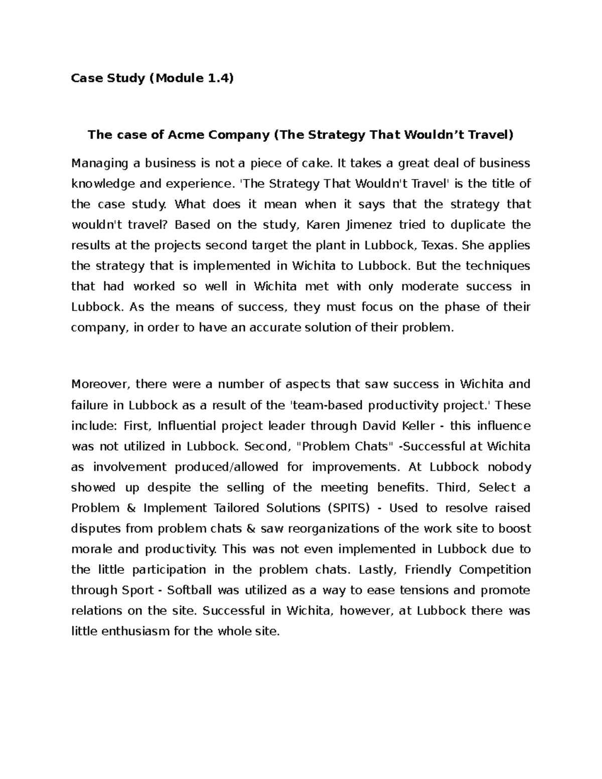 ACME Co. Case Study (Mod 1.4): The Strategy That Wouldn’t Travel - Studocu