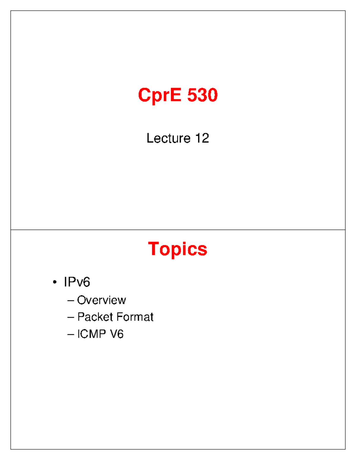 Lec12 - lecture 12 notes - CprE 530 Lecture 12 Topics • IPv – Overview ...