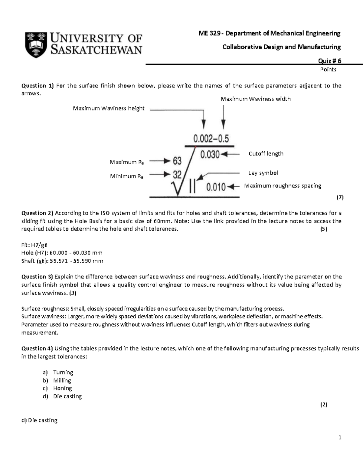 ME 329 Quiz 6: Surface Roughness and Tolerances in Manufacturing - Studocu