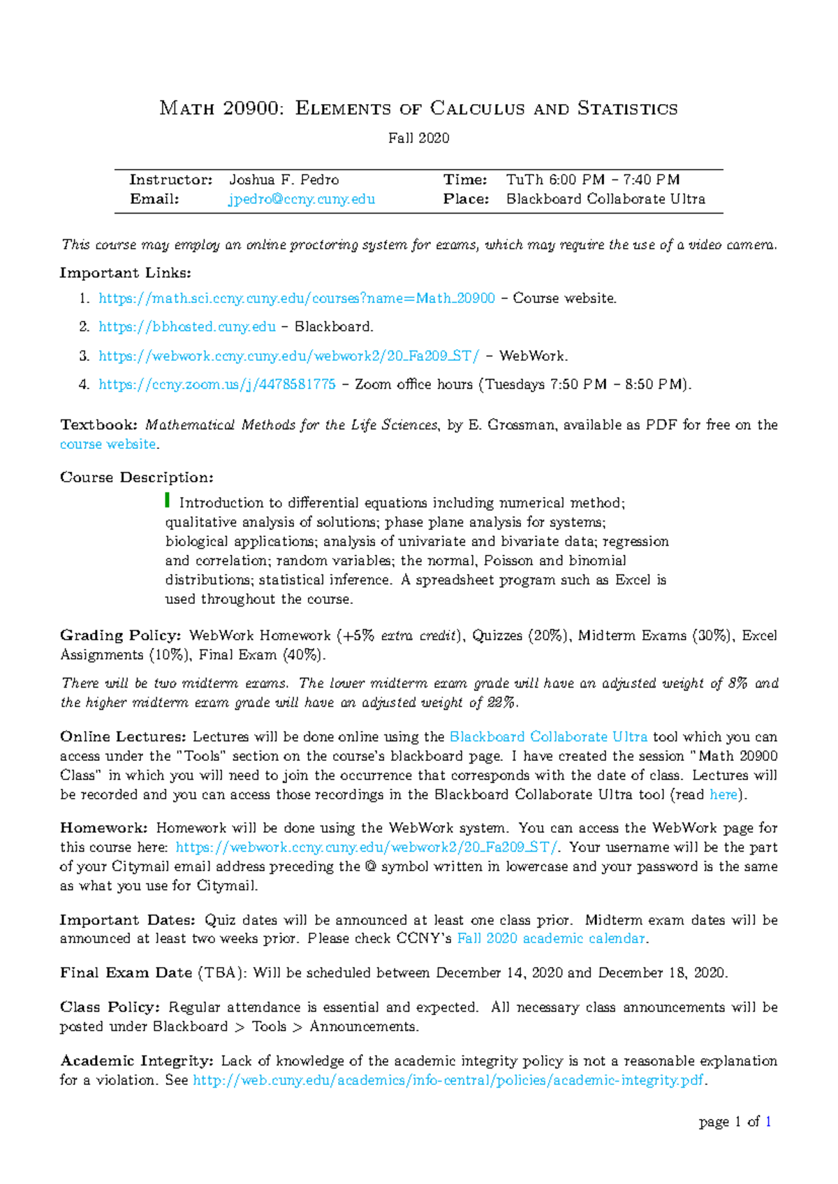 Math 20900 Fall 2020 - Elements of Calculus & Stats Lecture Notes - Studocu