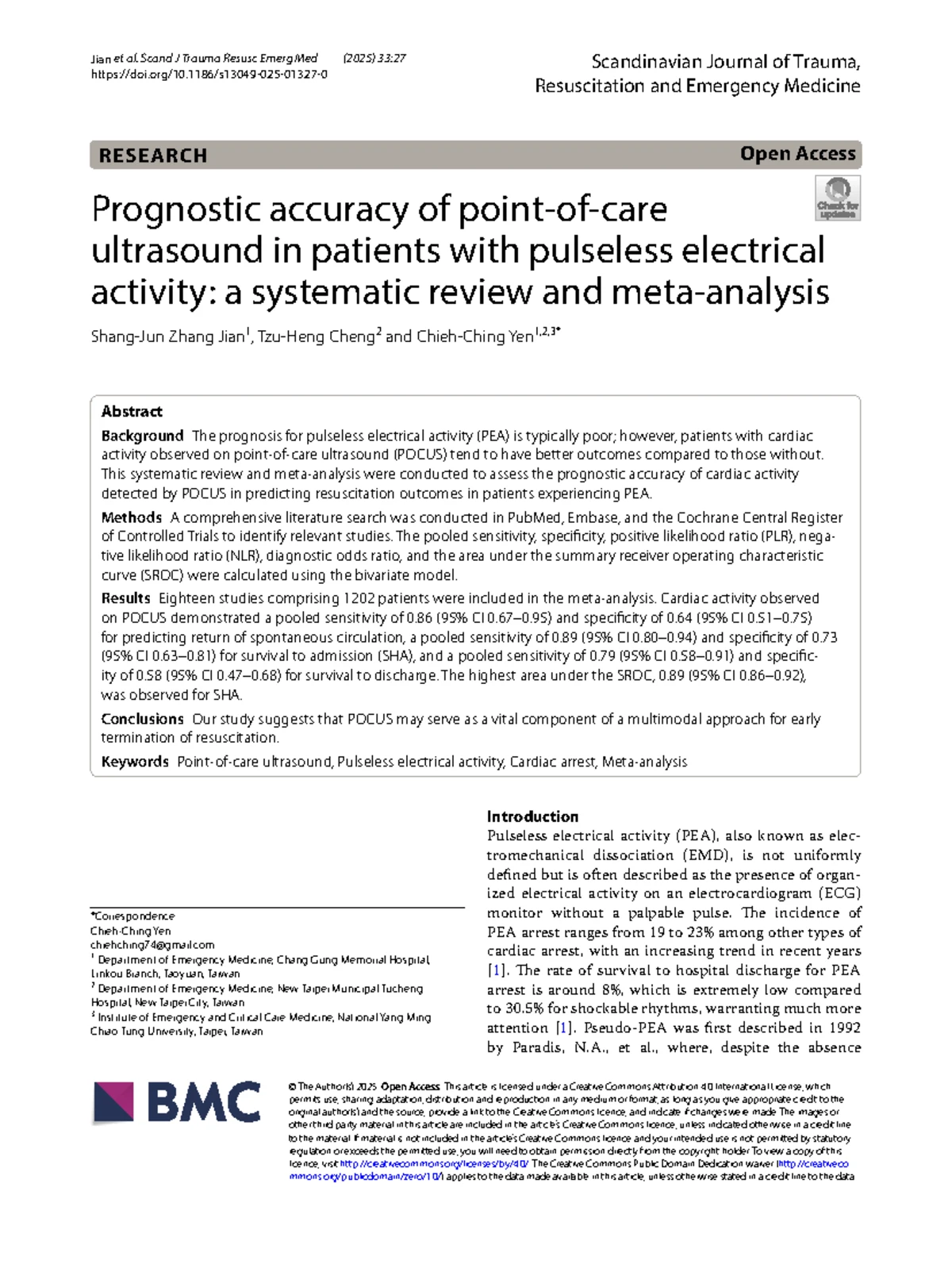 Prognostic Accuracy of POCUS in PEA Resuscitation: A Meta-Analysis ...